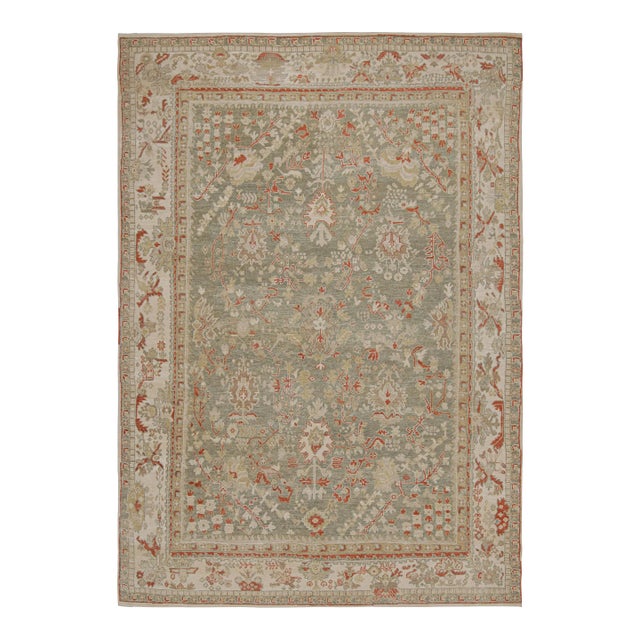Rug & Kilim’s Oushak Style Rug in Beige-Brown, Green Floral Patterns For Sale