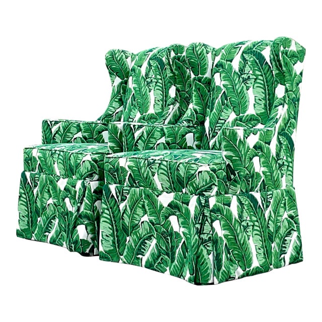 Vintage Coastal Palm Frond Skirted Wingback Chairs - a Pair For Sale