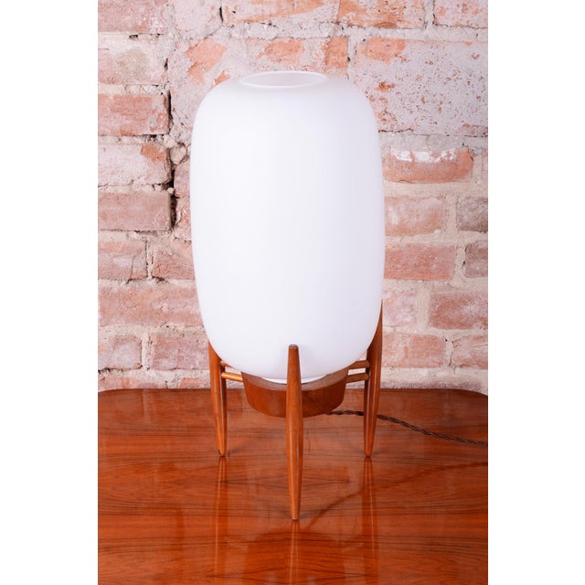 Mid-Century Czech Table Lamp in Opaline Glass and Wood attributed to Úluv Krásná Jizba, 1950s For Sale - Image 4 of 11