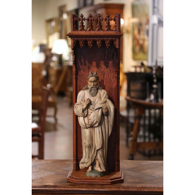 18th Century French Polychrome Carved Moses Sculpture in Gothic Oak Shrine For Sale - Image 12 of 12
