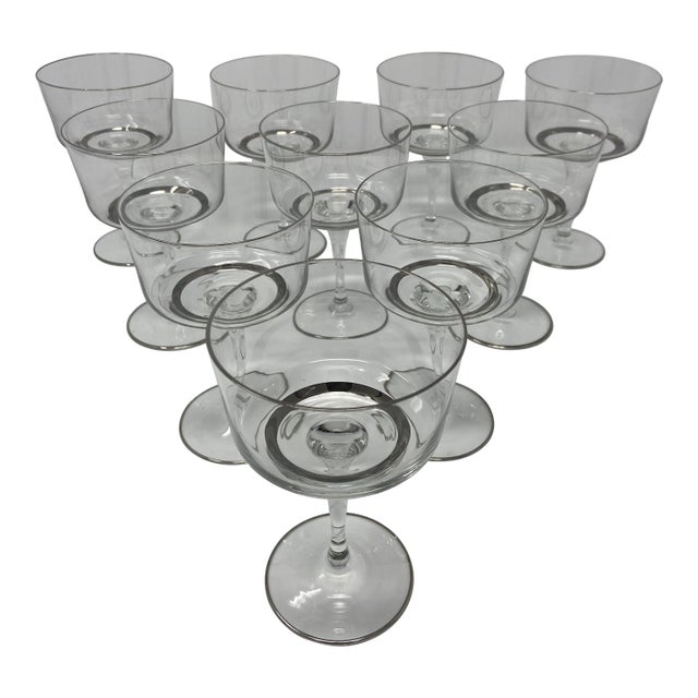 Mid-Century Silver Banded Tall Wine Coupes - Set of 10 For Sale