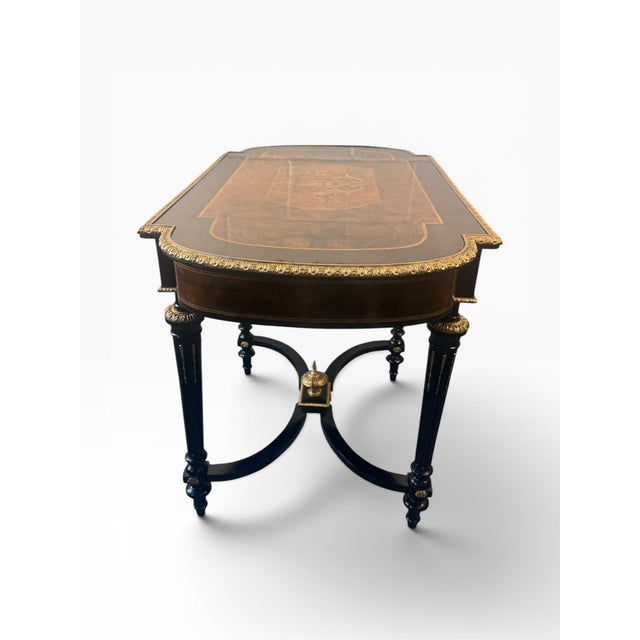 Wood Late 20th Century French Neoclassical Style Burlwood Writing Desk With Gilt Bronze Style Accents For Sale - Image 7 of 14