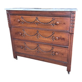 1940s Antique Carrera Marble Top Walnut Dresser on Casters For Sale