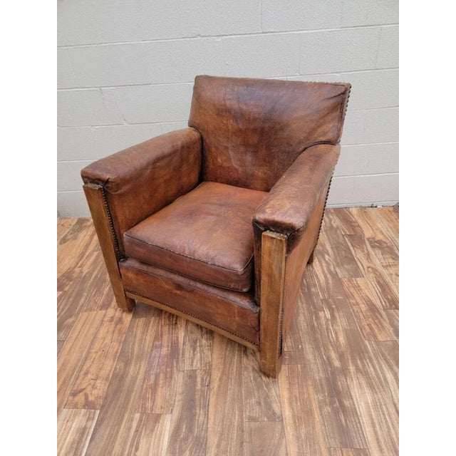 Vintage French Art Deco Distressed Brown Leather Club Chair For Sale In Chicago - Image 6 of 10
