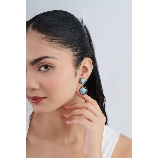 VRJewels 20.43ct Turquoise Sapphire 14k Yellow Gold Floral Navajo Drop Earrings- A Pair For Sale - Image 11 of 18