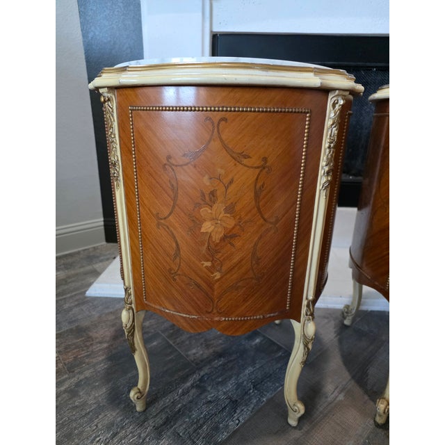 Antique Pair of Louis XV Marble-Top French Commodes / Nightstands For Sale - Image 12 of 13
