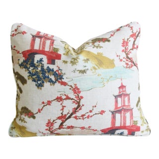 Chinoiserie Botanical Floral Pagoda Landscape Feather/Down Pillow 22" X 18" For Sale