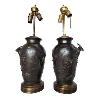Antique Japanese Meiji Bronze Bird Vases Table Lamps - a Pair For Sale