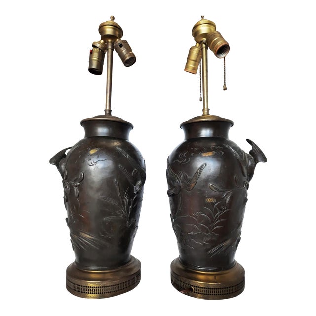Antique Japanese Meiji Bronze Bird Vases Table Lamps - a Pair For Sale