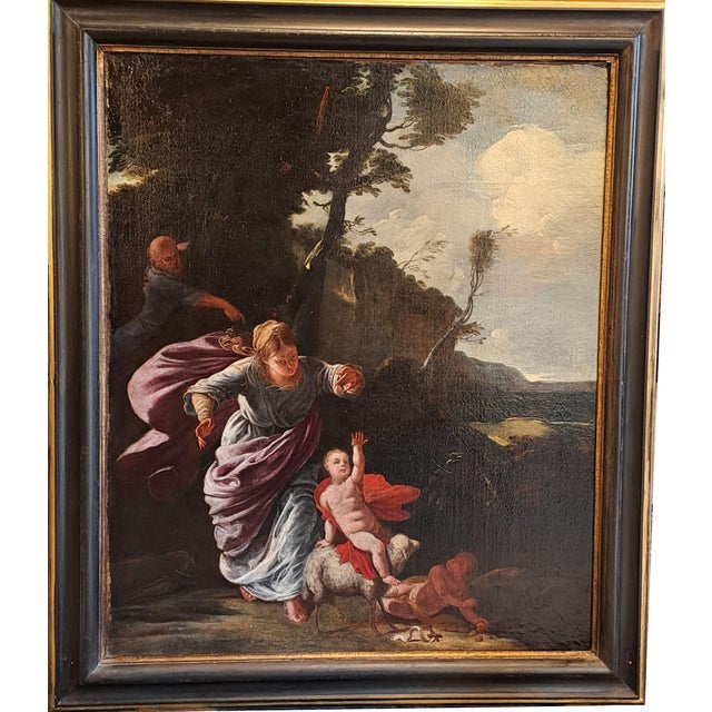 Oil painting on canvas depicting "The Rest on the Flight into Egypt with the Infant Saint John and the Lamb". Period and...