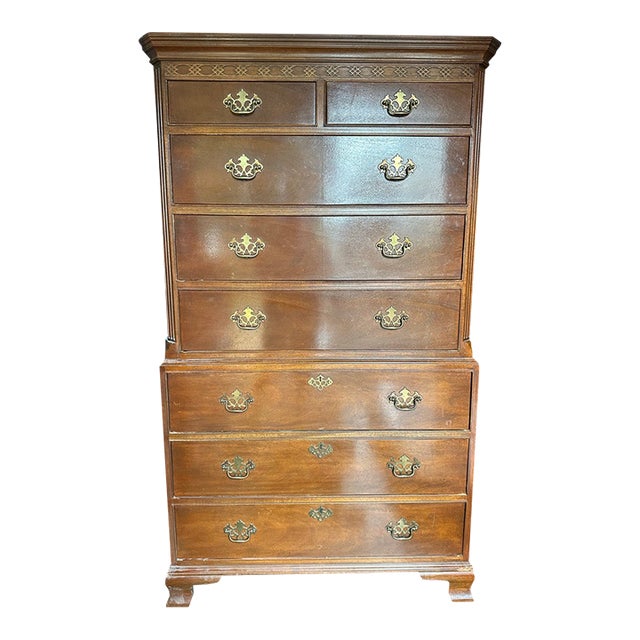 Vintage Baker Furniture Chest on Chest Highboy Dresser Brass 7 Drawer For Sale