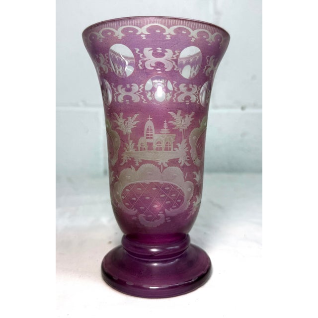 Antique Handmade Engraved German Purple Cut to Clear Glass Vase Cup Chalice For Sale - Image 9 of 10