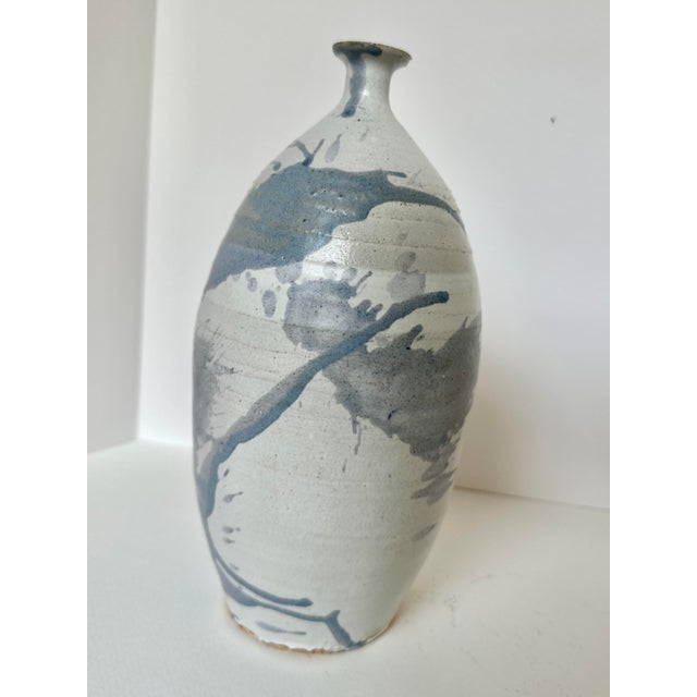 Mid 20th Century Mid 20th Century Tall Studio Pottery Vase With Painterly Blue Glaze For Sale - Image 5 of 6
