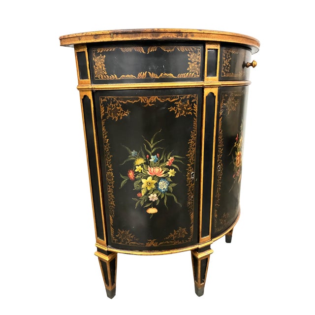 Wood Late 20th Century Theodore Alexander Louis XVI Style Hand-Painted Black & Gilt Demilune Cabinet For Sale - Image 7 of 12
