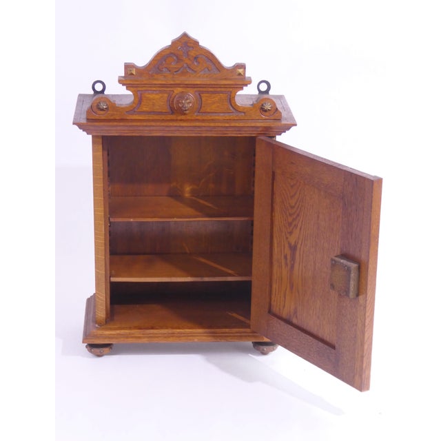 Wood Vintage Wooden Wall Cabinet with Ornate Brass Hinges and Lion Head, 1940s For Sale - Image 7 of 11