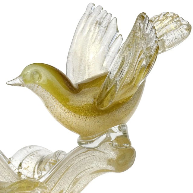 Mid 20th Century Vintage Barbini Murano White Olive Green Gold Flecks Italian Art Glass Birds Centerpiece Sculpture For Sale - Image 5 of 8