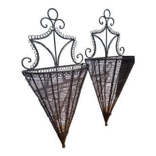 1980s Hanging Garden Flower Wire Vases Rustic Art Nuvo Victorian Deco Sconce Planters For Sale