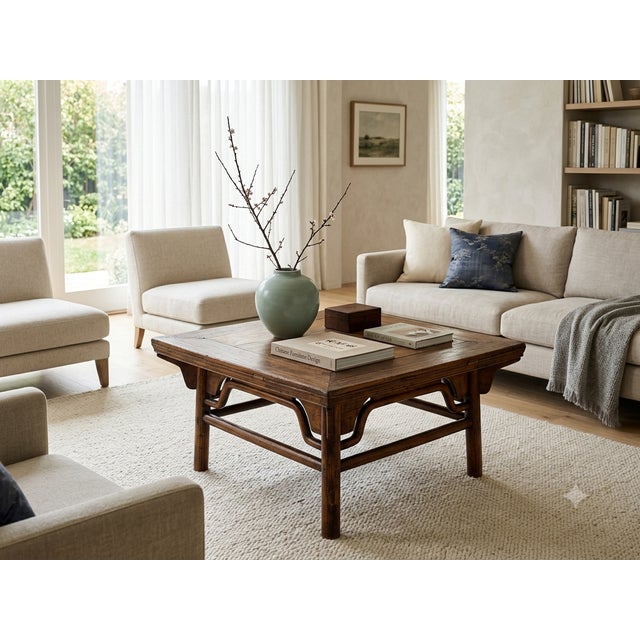 Vintage Rustic Raw Wood-Square Ming Style Apron Low Coffee Table For Sale In San Francisco - Image 6 of 15