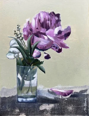 “Peony Variations (After Alex Kanevsky)" Contemporary Impressionist Floral Still Life in Pinks by Mill Valley Artist Mary Anne McKernie