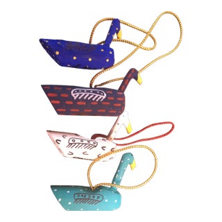 2000s Signed L. Herb New Mexican Handcarved & Painted Geese Christmas Ornaments- Set of 4 For Sale