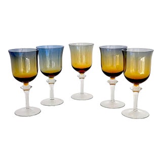 1970s Denby Aurora Amber and Blue Water/Wine Goblets, Set of 5 For Sale
