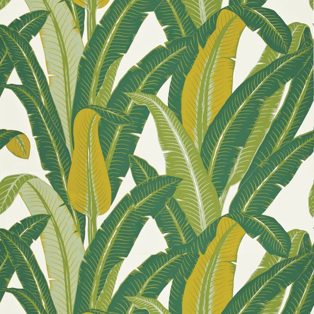 Schumacher Tropical Isle Wallpaper in Green on White For Sale