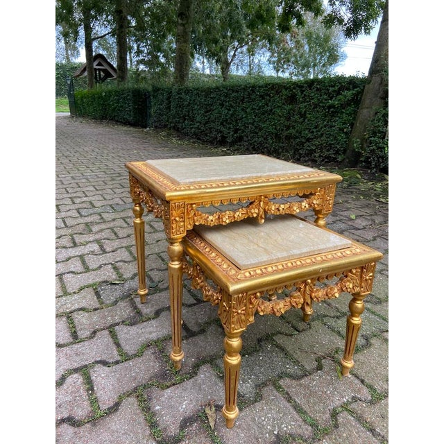 Late 20thC French Louis XVI Gilded Beech Marble Nesting Tables Pair For Sale - Image 4 of 18