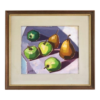 1957 Mid-Century Modern 'Green Apples & Golden Pears' Vintage Swedish Original Still Life Oil Painting, Framed For Sale