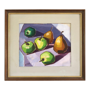 1957 Mid-Century Modern 'Green Apples & Golden Pears' Vintage Swedish Original Still Life Oil Painting, Framed