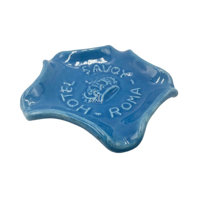 Mid-Century Modern Vintage Hotel Savoy Roma Ashtray Rome, Italy Blue Ceramic Dish Trinket Catchall For Sale - Image 3 of 12