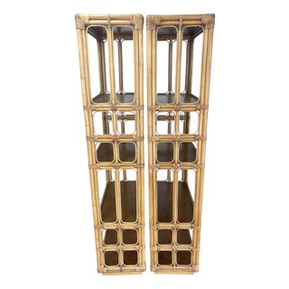 Vintage Pair of Tall Architectural Palm Beach Style Rattan Étagères For Sale