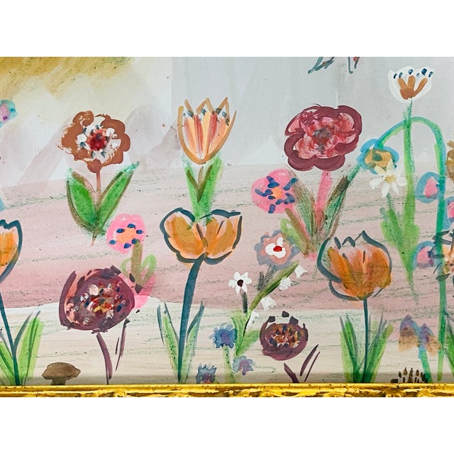 Original acrylic on paper with colored crayons and markers naive folk art floral painting in a profiled gold frame. Signed...