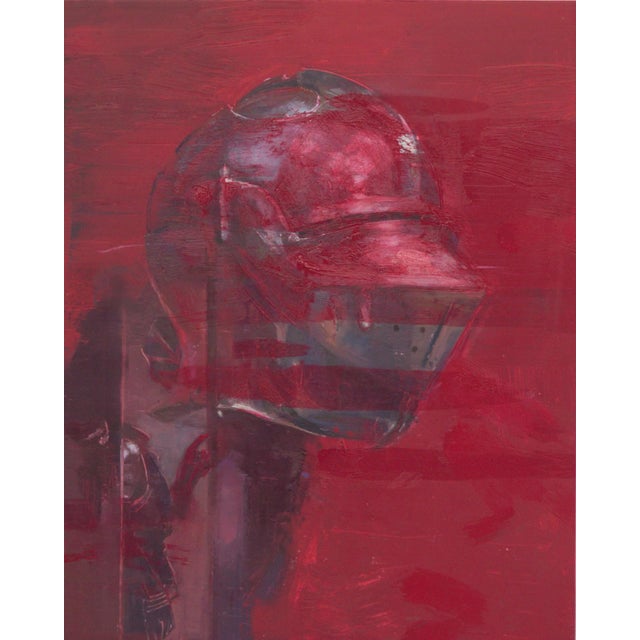 That Head Is Taken by Elena Burykina | Oil on panel Red helmet against a solid red background. For Sale