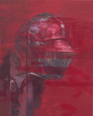 That Head Is Taken by Elena Burykina | Oil on panel Red helmet against a solid red background.