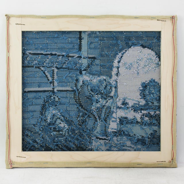 Textile Vintage Hand Stitched Blue and White Needlework Pastoral Farm Scene With Cow and Dog Textile Wall Art For Sale - Image 7 of 8