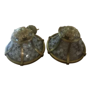 1920's French Louis XVI Maison Bagues Crystal Beaded W/ Gilt Bronze Ceiling Fixtures/ Chandeliers a Pair