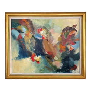 Late 20th Century Vibrant Abstract Oil Painting in Gold Frame - Signed