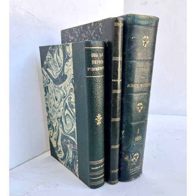 Antique French Green Leather Bound Books - Set of 3 For Sale - Image 13 of 13