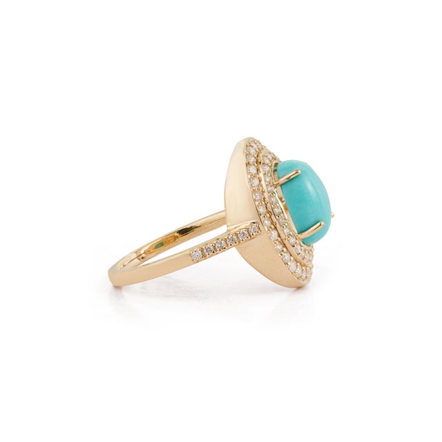 Metal 1.43ct Oval Turquoise Cabochon Double Halo Diamond 14k Gold Contemporary Ring Size 5 For Sale - Image 7 of 17