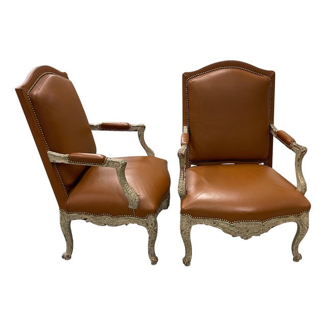 19th Century Pair of Louis XV Bergere Chairs Upholstered in Beige Leather For Sale