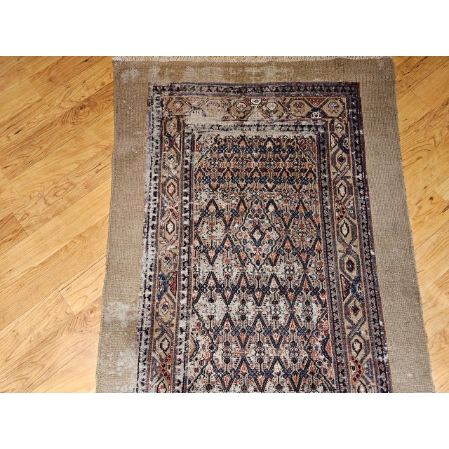 Antique Persian Serab Camel Hair Runner Rug, Hand-Knotted Wool, Allover Geometric Pattern, Red & Blue, 3x20 For Sale - Image 11 of 15