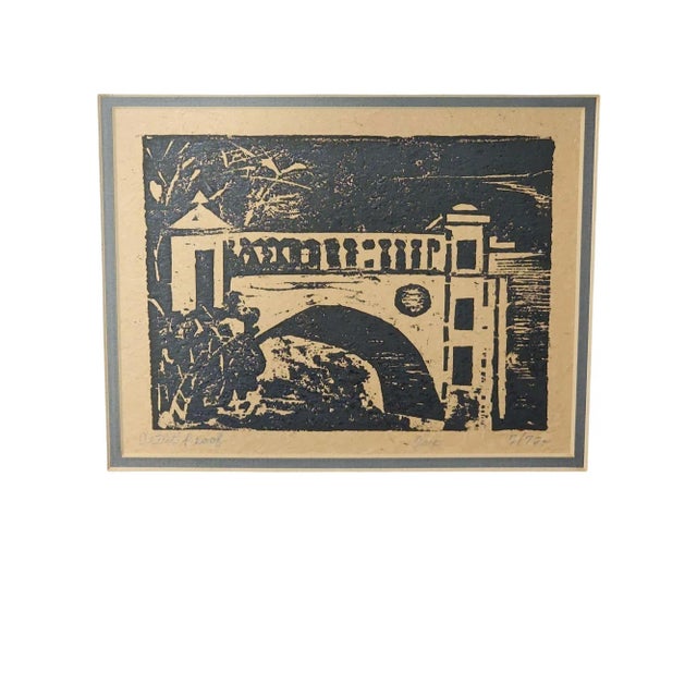 Beautifully framed 20th century woodcut of a bridge, undetermined artist signature, believed to be "Osip", (possibly Osip...