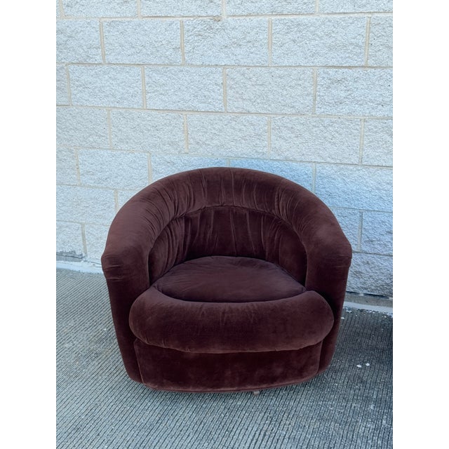 1980s Pair of Vintage 1970s Chocolate Brown Velvet Barrel Club Chairs With Ruched Backs For Sale - Image 5 of 12