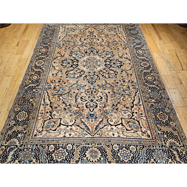 Vintage Persian Heriz Rug, Hand-Knotted Wool, Geometric Medallion Pattern,Tan & Navy, 9x13 For Sale - Image 10 of 18