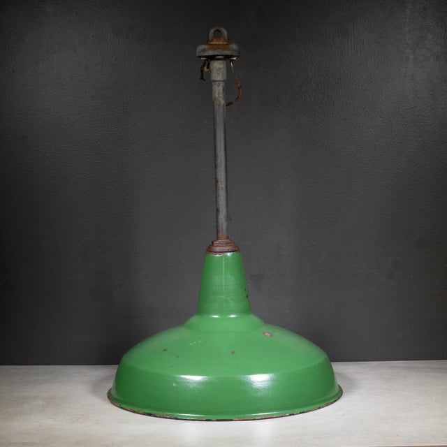 Benjamin 16" Enameled Porcelain Green Industrial Pendant Lights c.1950-Set of Two For Sale - Image 9 of 11