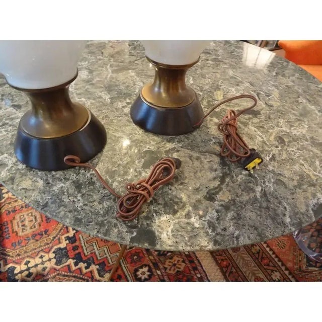 Pair of Hollywood Regency Gerald Thurston Style Gilt Decorated Glass Lamps For Sale In Houston - Image 6 of 8
