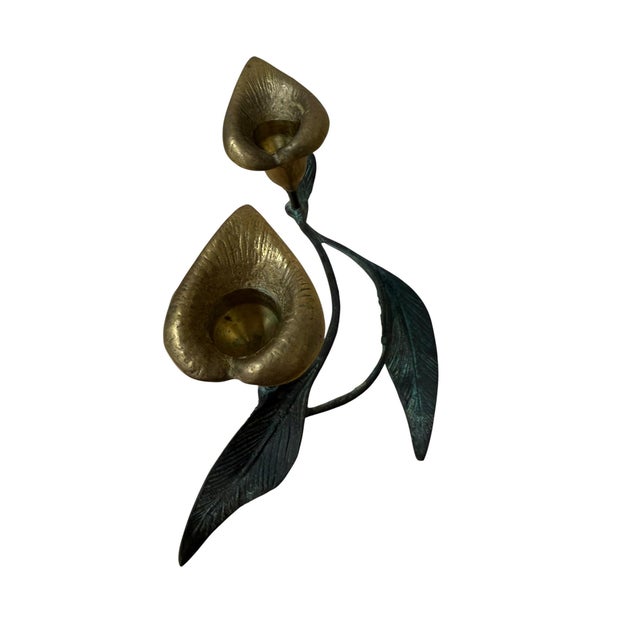 Art Nouveau Vintage Verdigris Brass Calla Lily Candle Holder. For Sale - Image 3 of 5