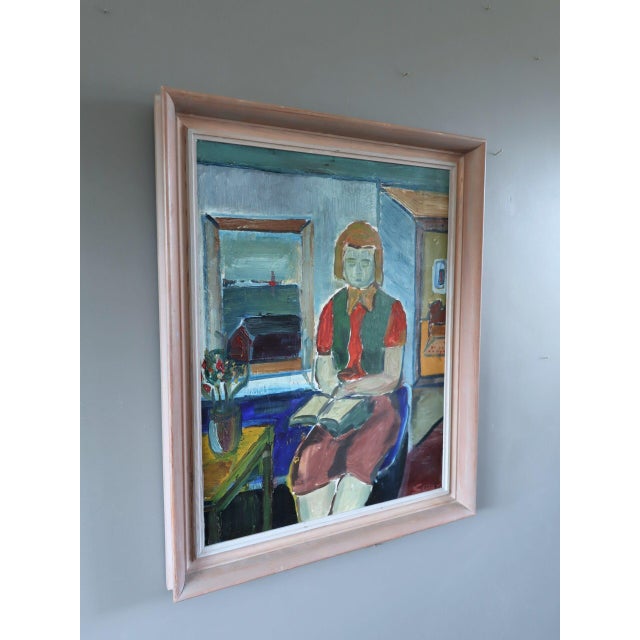 Mid-Century Modern 'The Reader's Pause' Vintage Swedish Original Figurative Oil Painting, Framed For Sale - Image 4 of 12