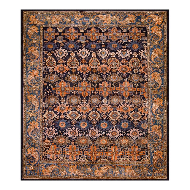 1890s Blue Navy Geometric Tribal Antique Persian Malayer Rug 12' X 13'9" Handknotted Wool Carpet For Sale