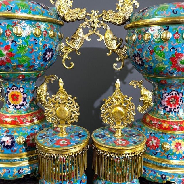 Late 20th Century Pair of Gilt Bronze Cloisonné Enamel Palace Lantern Incense Burners For Sale - Image 9 of 10